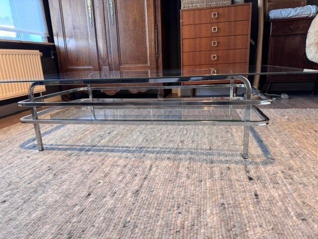 Vintage glazen salontafel met chromen frame, Ophalen, Glas