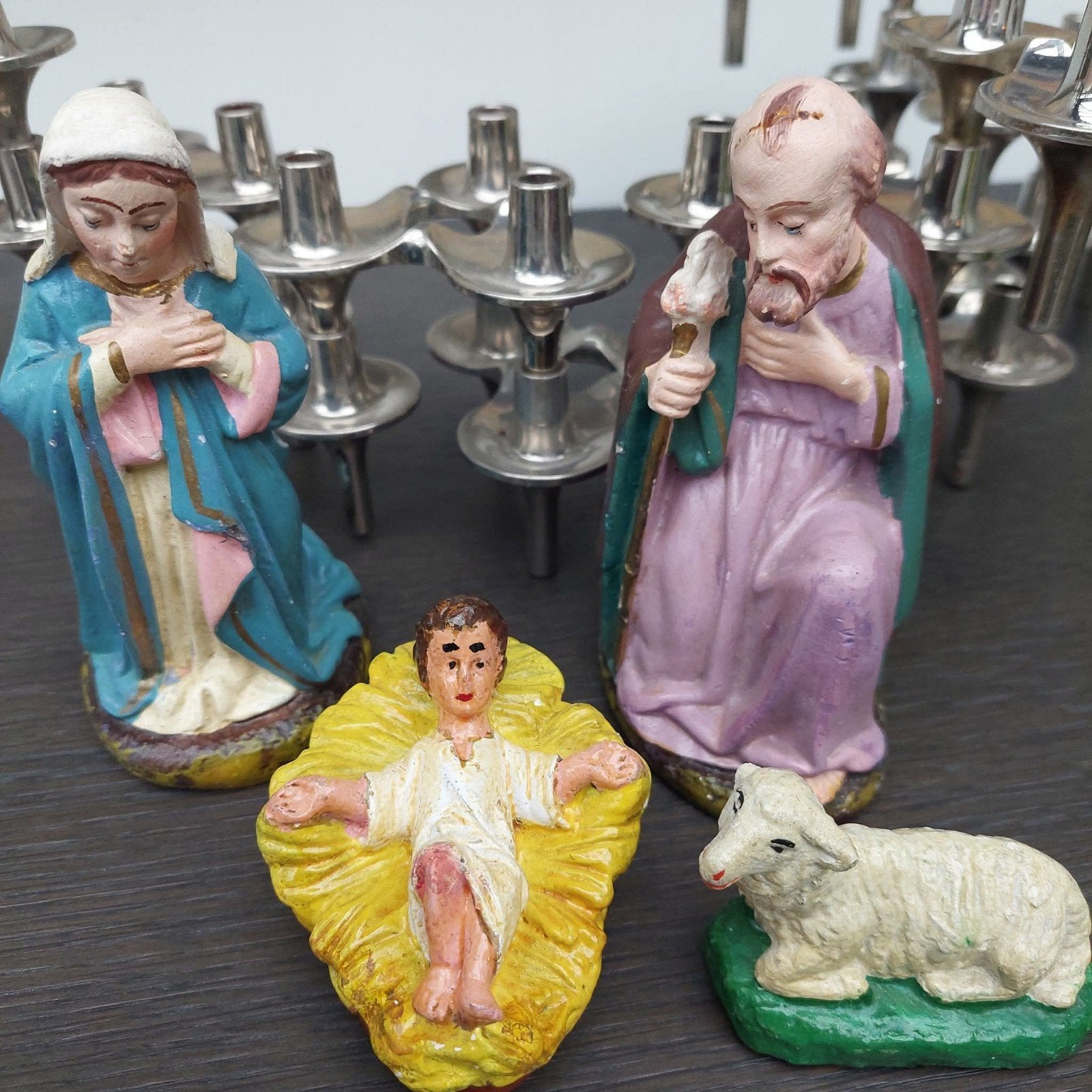 Oude kerstal figuren in gips. kerstbeeldjes., Diversen, Ophalen