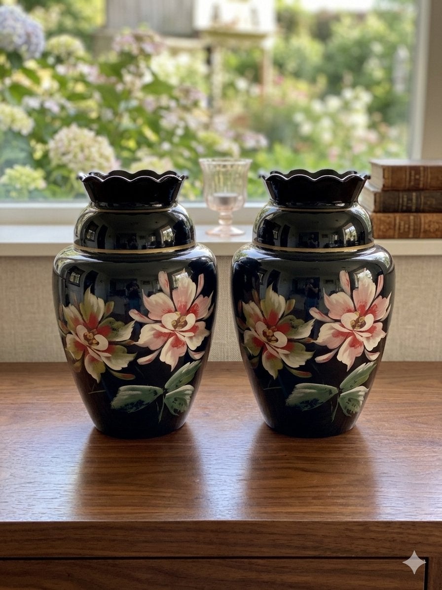 Prachtig koppel vintage zwarte vazen met bloemmotief, Antiek en Kunst, Ophalen
