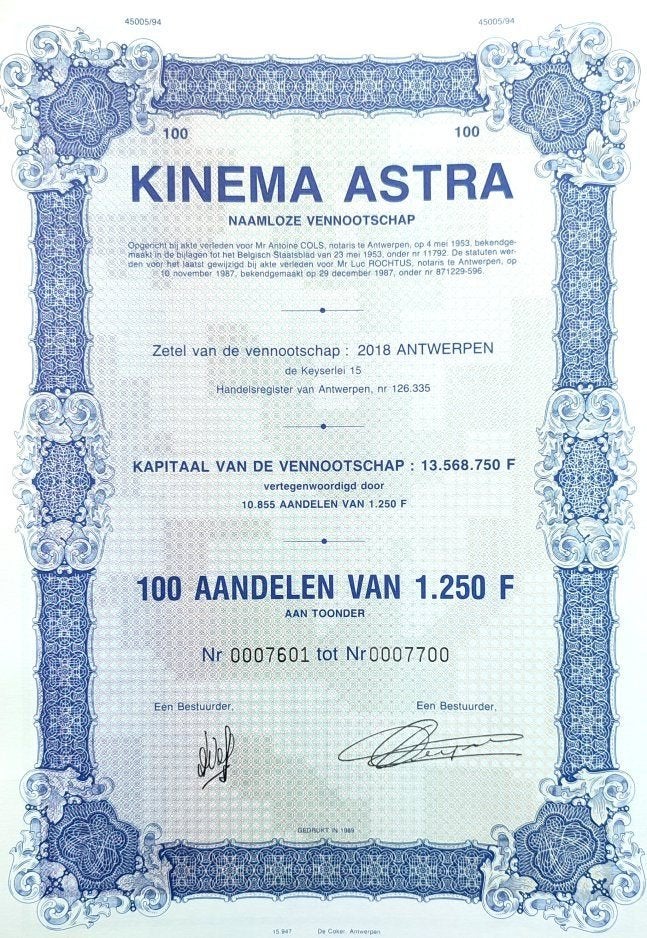 Kinema Astra (Antwerpen) 1987-89, Enlèvement ou Envoi, 1970 à nos jours, Certificat d'action