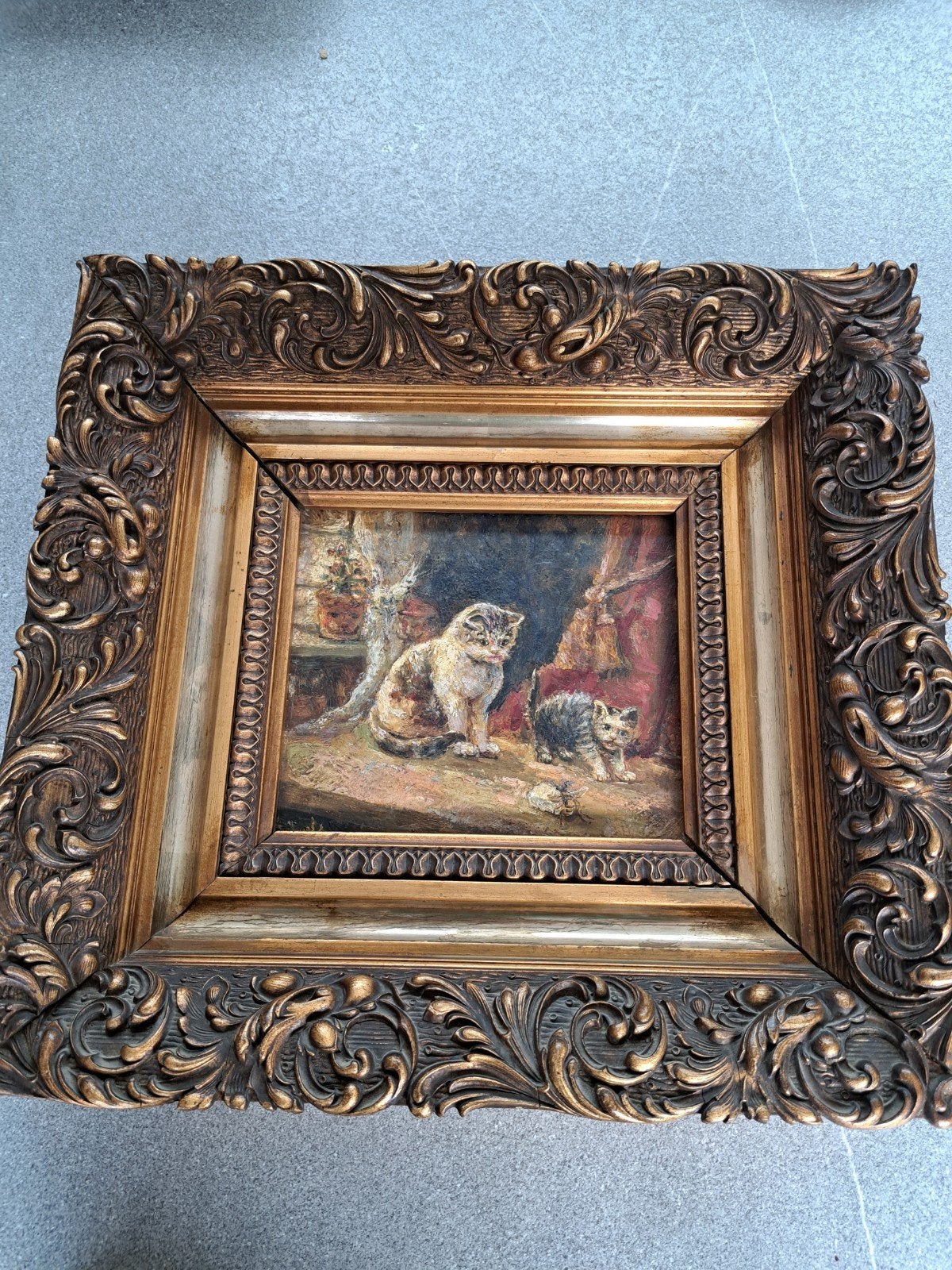 antiek kattenschilderij op houten paneel in baroklijst, Antiek en Kunst, Ophalen, Paneel, Dieren, Olieverf