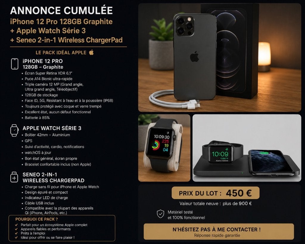 IPhone 12 Pro 128GB + Apple Watch Série 3 + Wireless Charger, 128 GB, Gris, Enlèvement, Sans abonnement