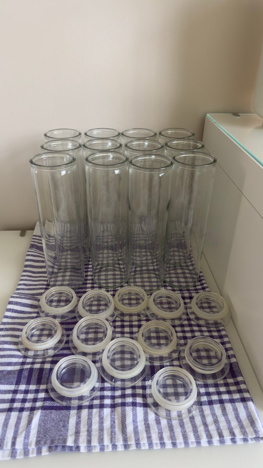 12 bocaux / pots en verre d’épicerie avec couvercles, Maison & Meubles, Enlèvement ou Envoi, Utilisé, Verre