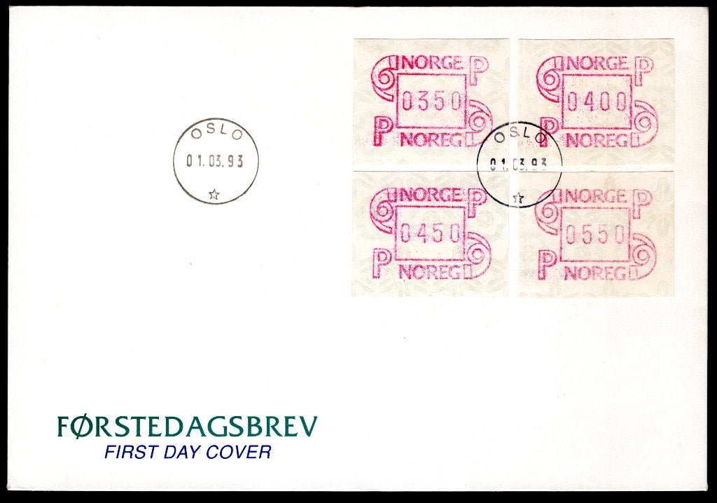 NOORWEGEN ATM FDC 1993 set 3,50-4,00-4,50-5,50, Postzegels en Munten, Verzenden, Noorwegen, Gestempeld