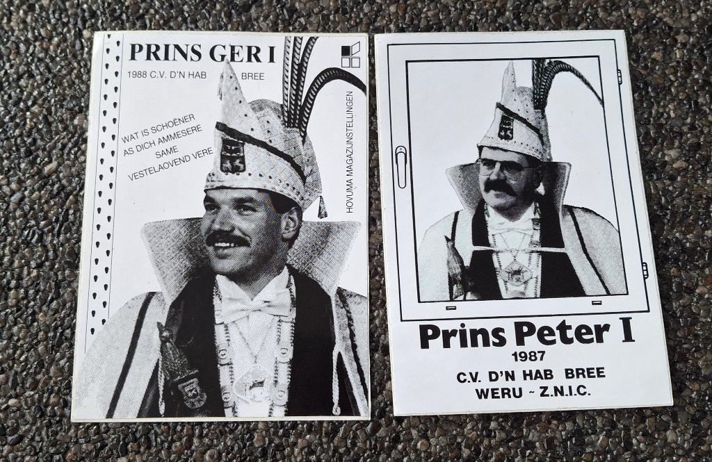 2 stickers Prins Carnaval Bree Peter I en Ger I - 87-88, Ophalen of Verzenden, Zo goed als nieuw, Bedrijf of Vereniging
