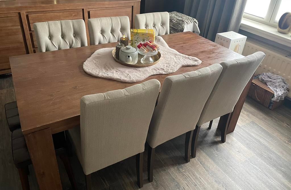 Prachtige houten tafel en 6 stoelen, Ophalen, Zo goed als nieuw