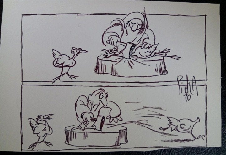 Picha. Dessinateur de presse . Encre originale. Poulets .