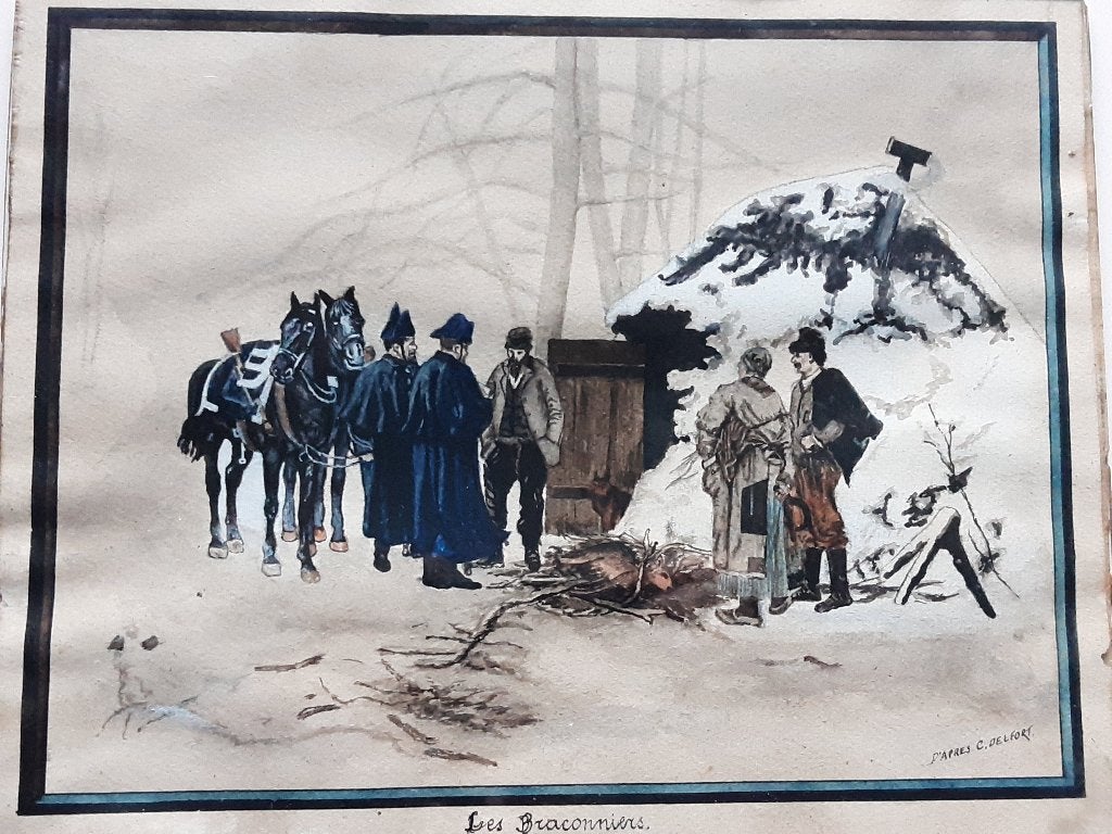 les braconniers dessinés et peints sur papier, Antiquités & Art, Enlèvement ou Envoi, Aquarelle, Signé, Papier