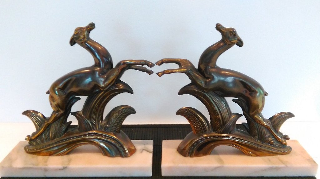 Art Deco herten boekensteunen op marmeren voet - gazelle ree, Enlèvement ou Envoi