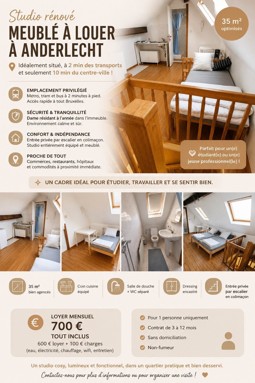 Studio meublé et rénové Anderlecht, Immo, Appartements & Studios à louer, 20 à 35 m², Bruxelles