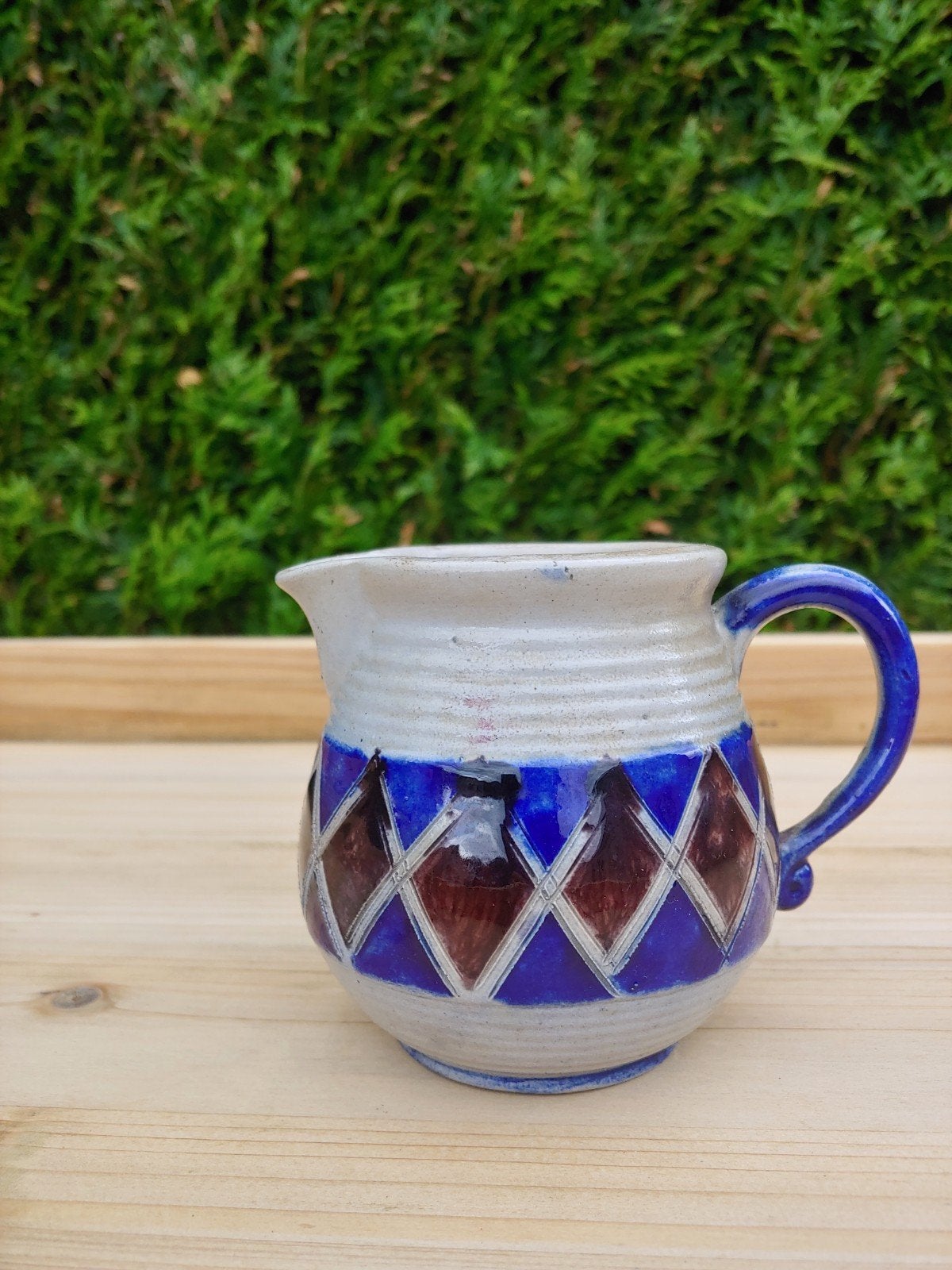 Vintage Schenkkan Kannetje Grès - Blauw Bruin Ruitdecor, Ophalen