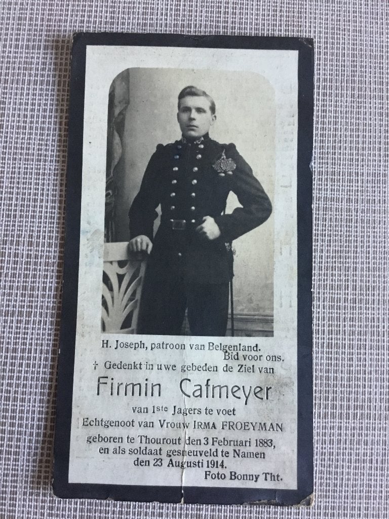Le soldat F.Cafmeyer Torhout tué a Namur en 1914 WOI, Collections, Envoi, Image pieuse
