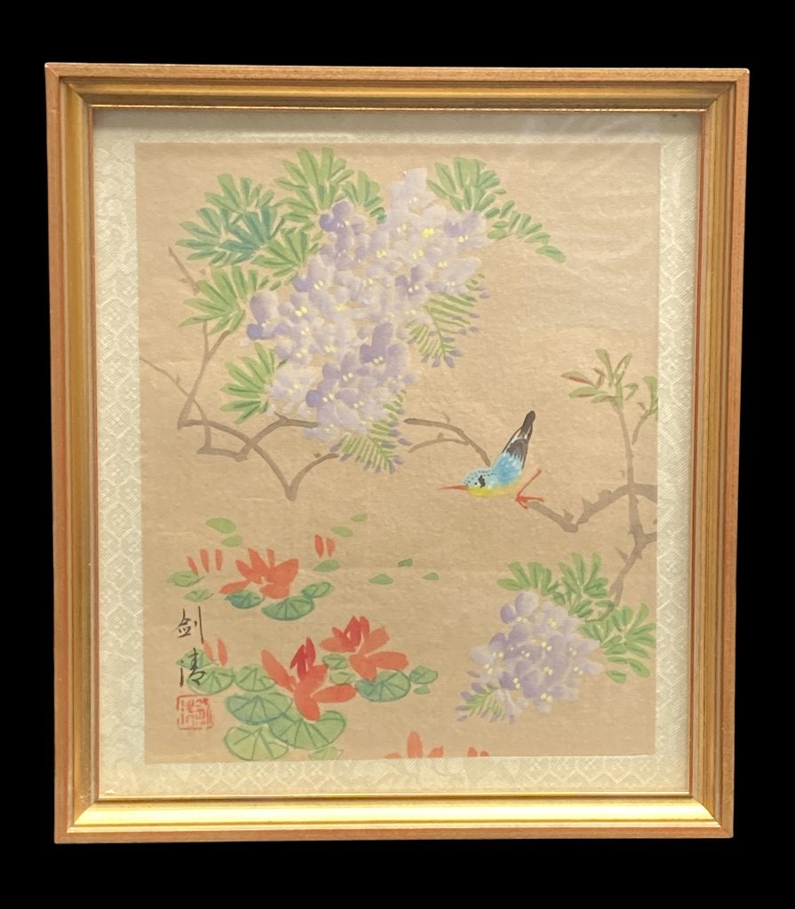 Schilderij op zijde gesigneerd Jiantao (剑涛) 17x19, Overige stijlen, Ophalen of Verzenden, Overige onderwerpen, Overige technieken
