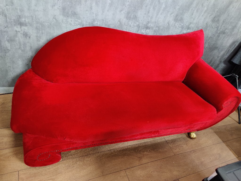 Chaise vintage Bretz Gaudi - Tissu en velours rouge, Enlèvement ou Envoi, 200 à 250 cm, Vintage, Banc droit