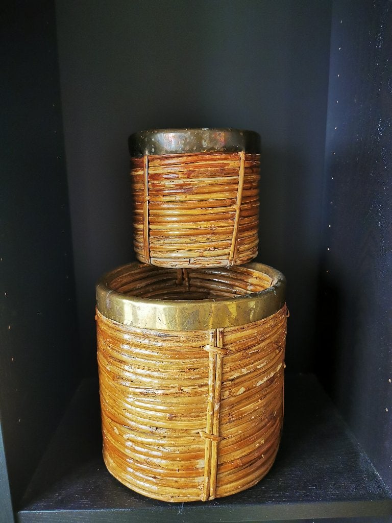 Vintage bloempotten rotan en messing, Ophalen