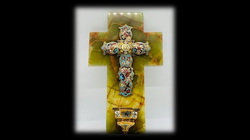 Cloisonné stoup-geëmailleerd kruis-Frankrijk(+/-1850-1870), Antiek en Kunst, Ophalen