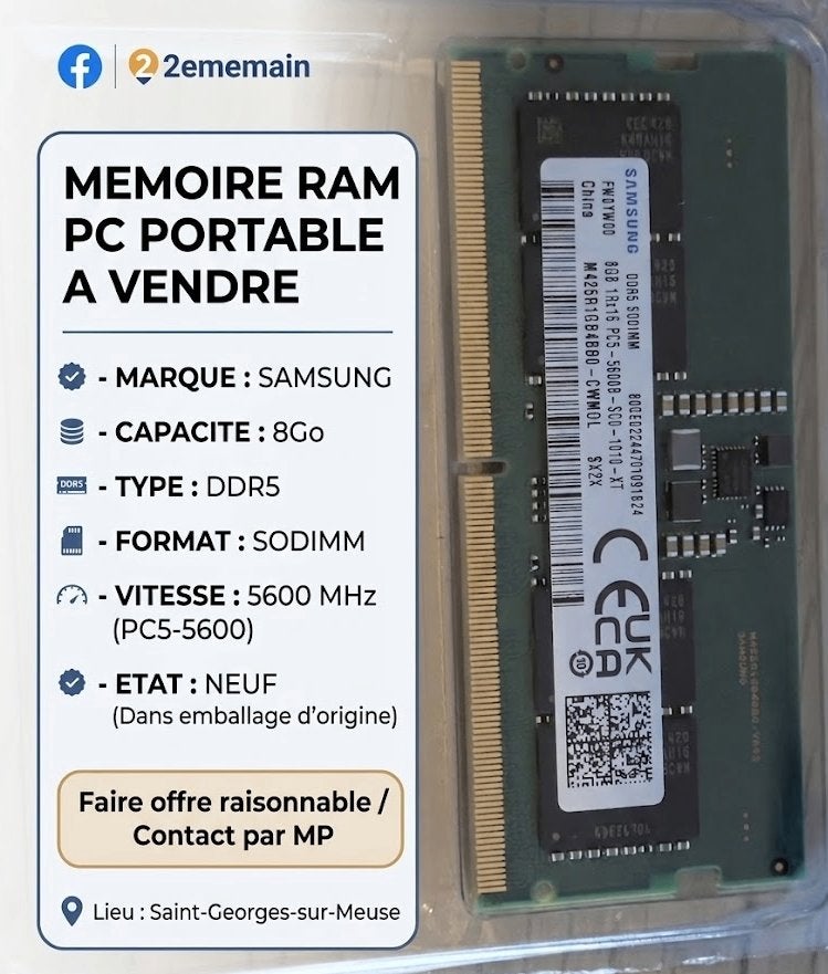 RAM SAMSUNG 8Go DDR5 5600MHz SODIMM, Computers en Software, Server, 8 GB, Nieuw, Ophalen of Verzenden
