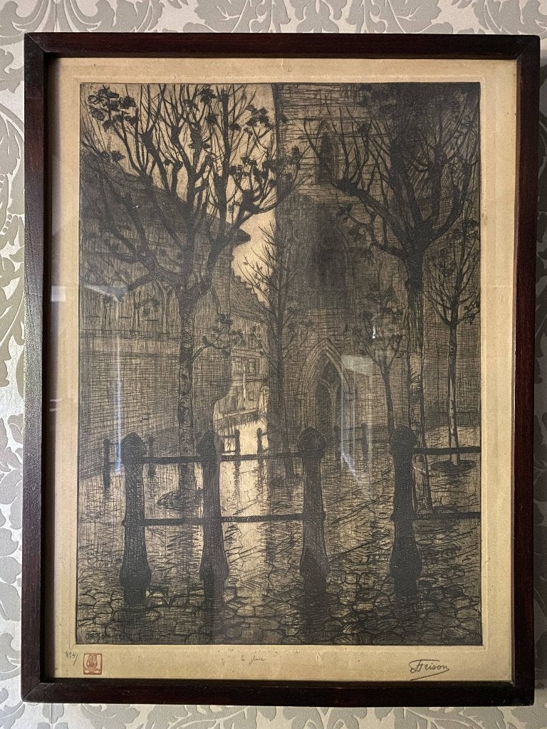 Jehan Frison - La Pluie, Ophalen, Ets, 63 cm, Genummerd