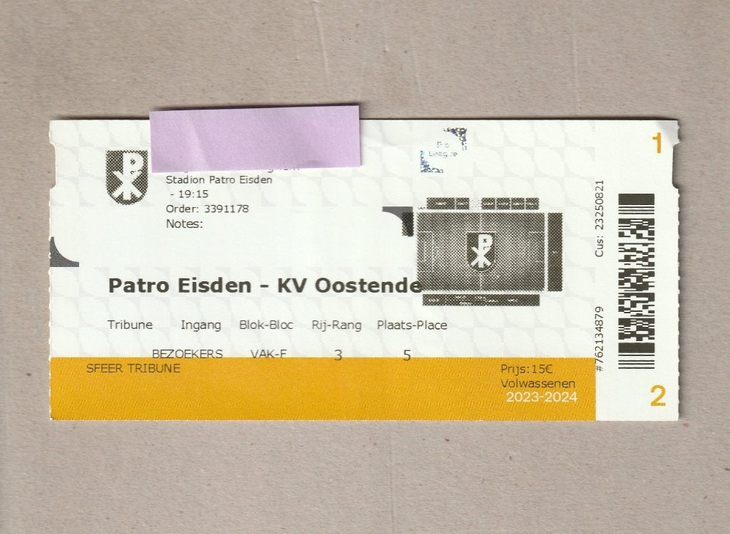 1 ticket Patro Eisden - KV Oostende, 14/04/2024, Ophalen of Verzenden, Gebruikt, Overige typen
