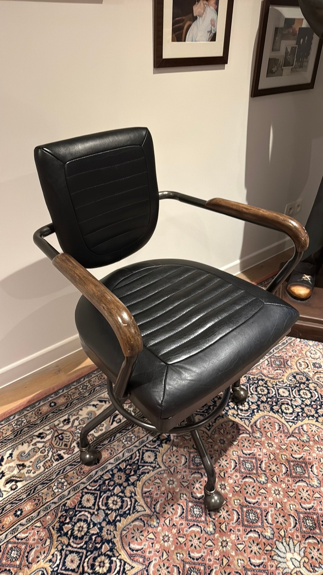 Belle chaise de bureau vintage rétro, bois, cuir, fer, Enlèvement, Comme neuf, Chaise de bureau