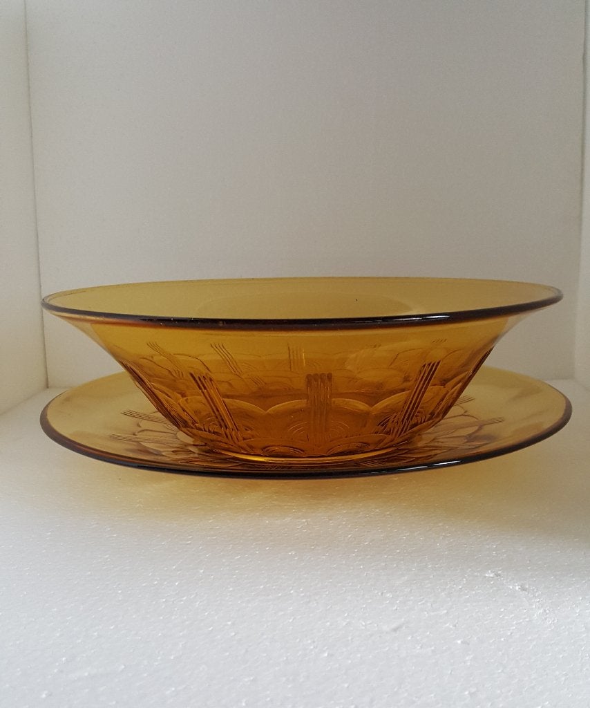 Luxval  plat et saladier couleur ambre décor géométrique, Antiquités & Art, Enlèvement ou Envoi