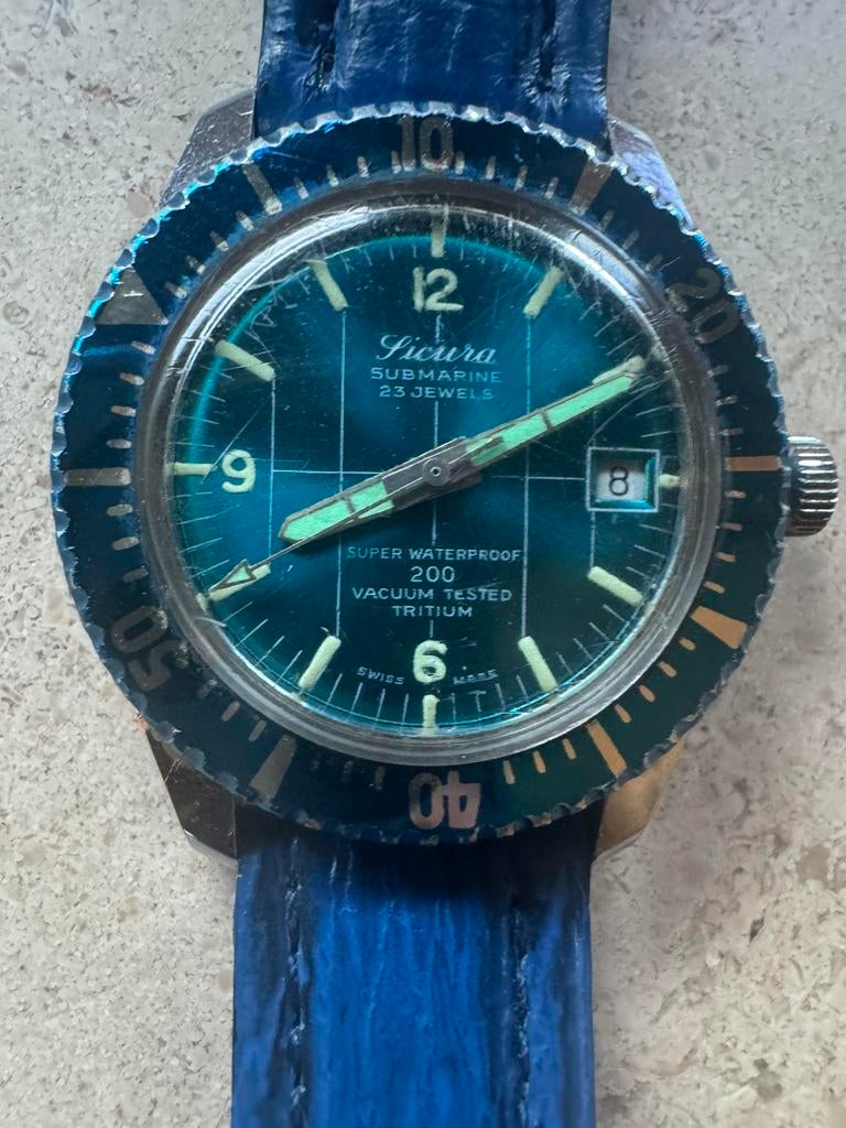 Sicura  submarine horloge vintage blauwe plaat, Overige merken, Staal, Polshorloge, Ophalen of Verzenden