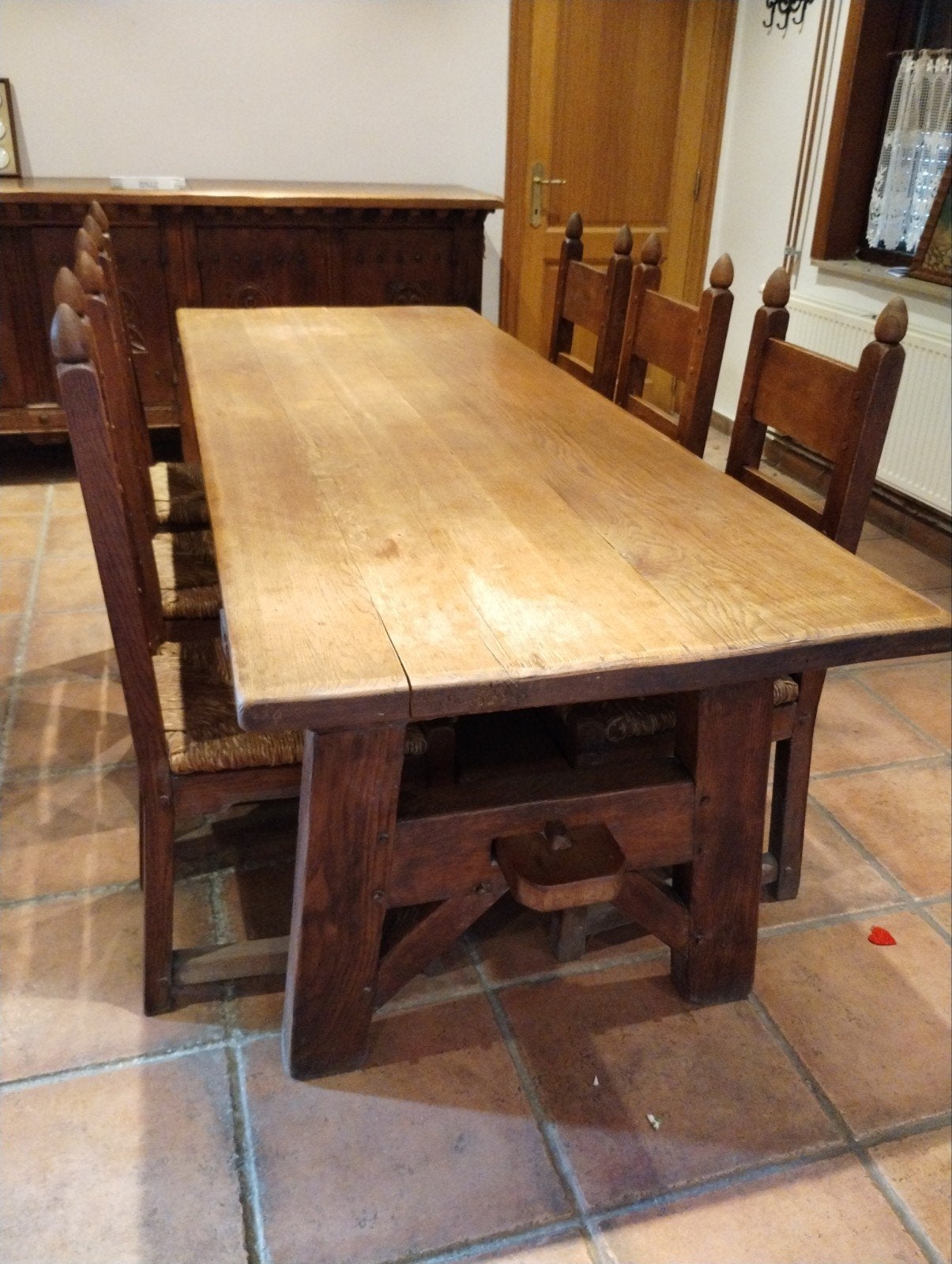 Grande table de ferme rustique à tréteaux + 6 chaises, Enlèvement
