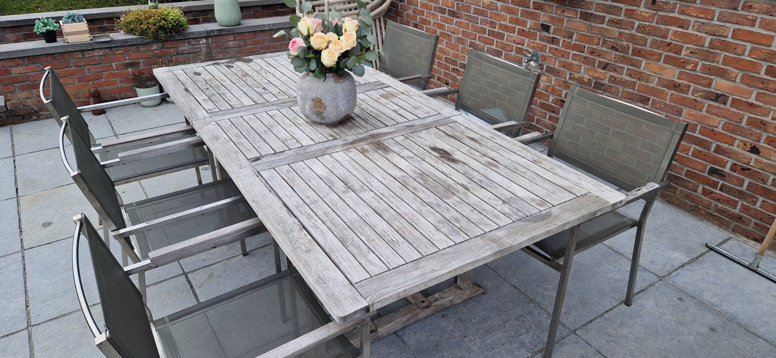 tuintafel + 6 inox stoelen, Tuin en Terras, Tuinsets en Loungesets, Ophalen, Inox, Gebruikt, Tuinset