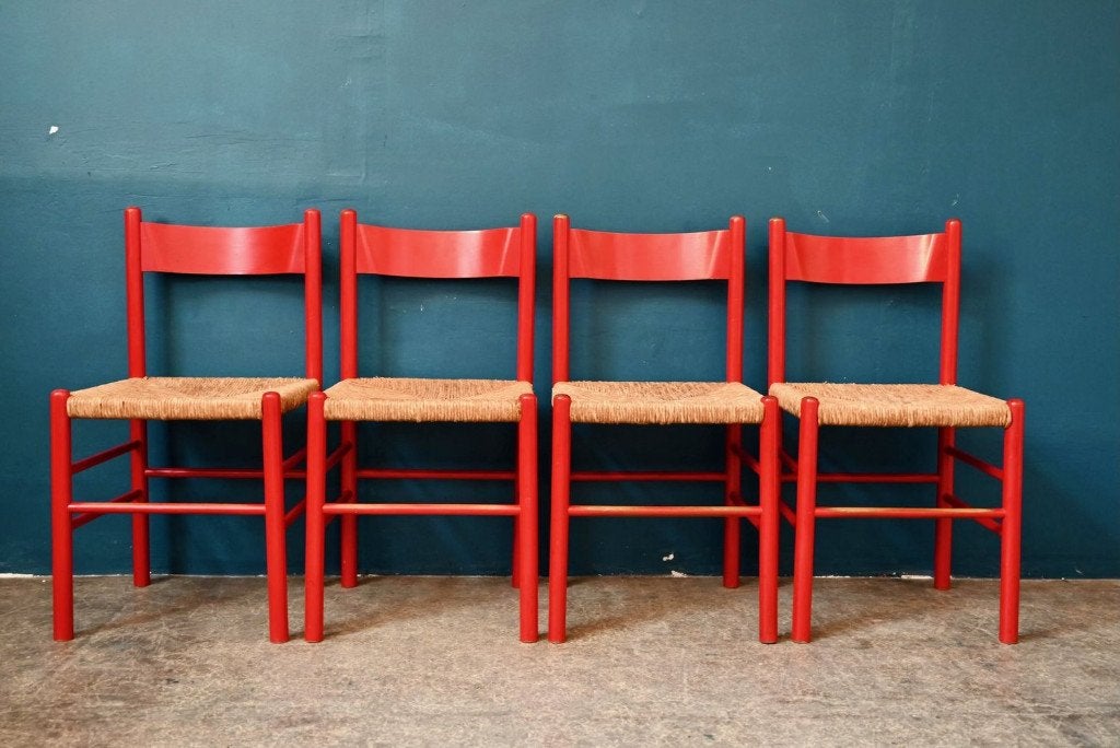 4 chaises italiennes années 60 bois rouge et paille, Rouge, Vintage, Enlèvement, Utilisé