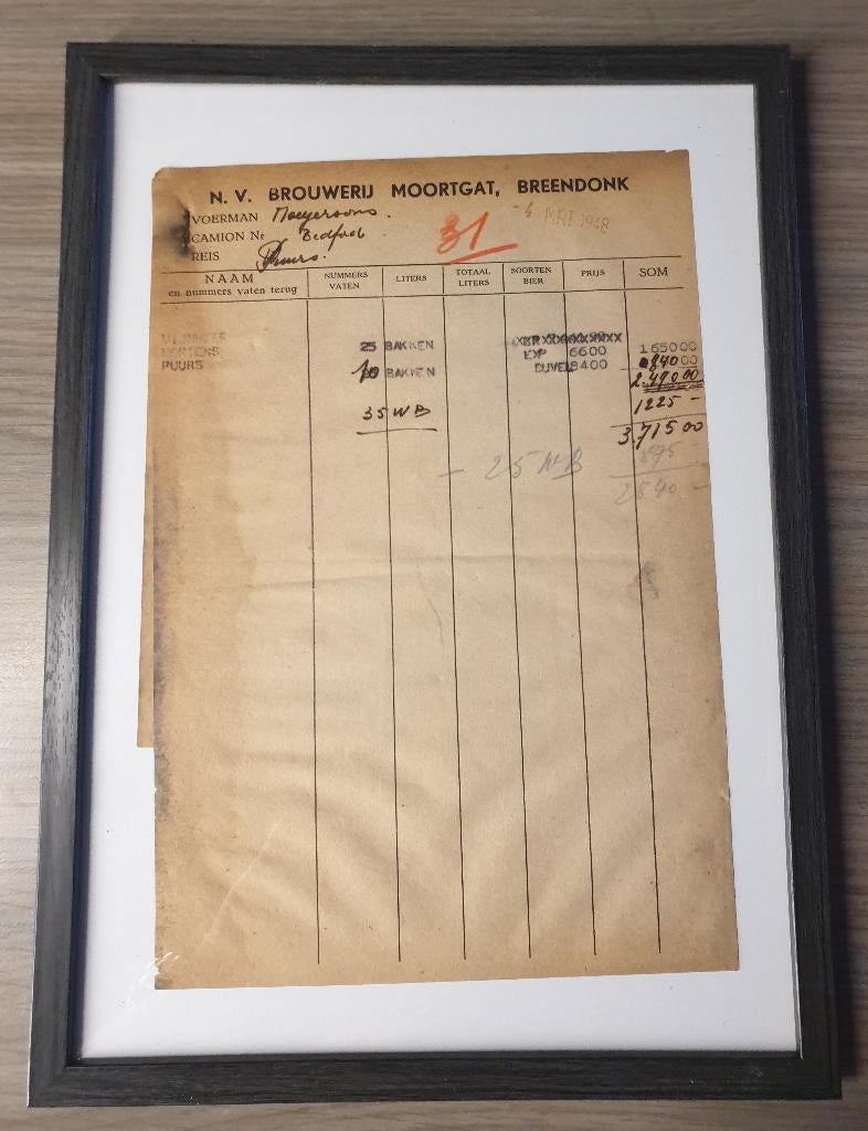 Duvel Moortgat Brouwerij Originele factuur 1948 Uniek stuk, Ophalen of Verzenden, Gebruikt, Reclamebord, Plaat of Schild, Duvel