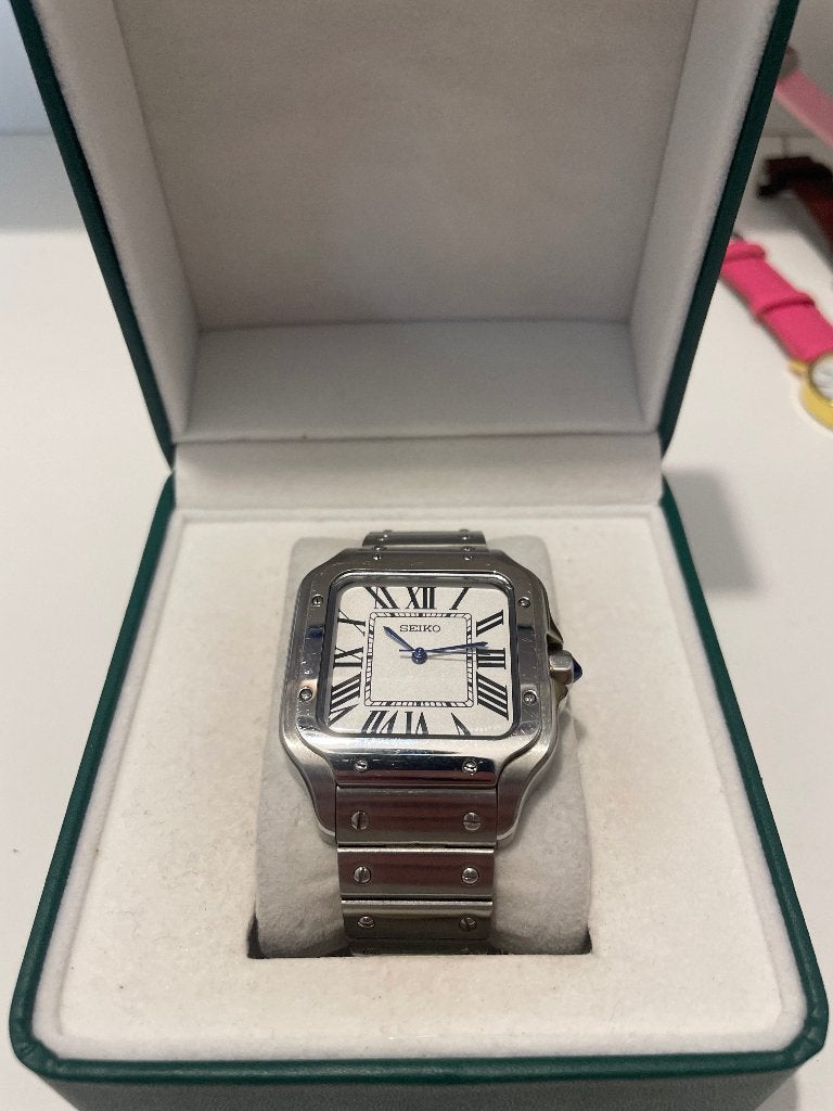 Seiko Mod Santos Style – Wit/Zilver – Automatic– Stalen Band, Bijoux, Sacs & Beauté, Montre-bracelet, Seiko, Comme neuf, Argent