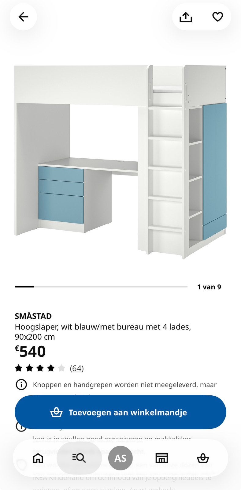 SMÅSTAD Ikea Hoogslaper - met bureau en matras, Ophalen, Zo goed als nieuw, Hoogslaper