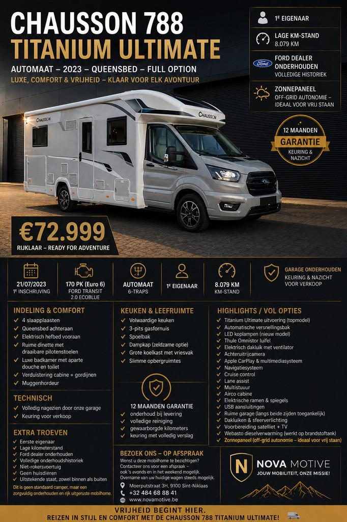 Chausson 788 TITANIUM ULTIMATE - 2023 - 8.079 KM - QUEENSBED, Caravans en Kamperen, Mobilhomes, Automaat, Diesel, Half-integraal