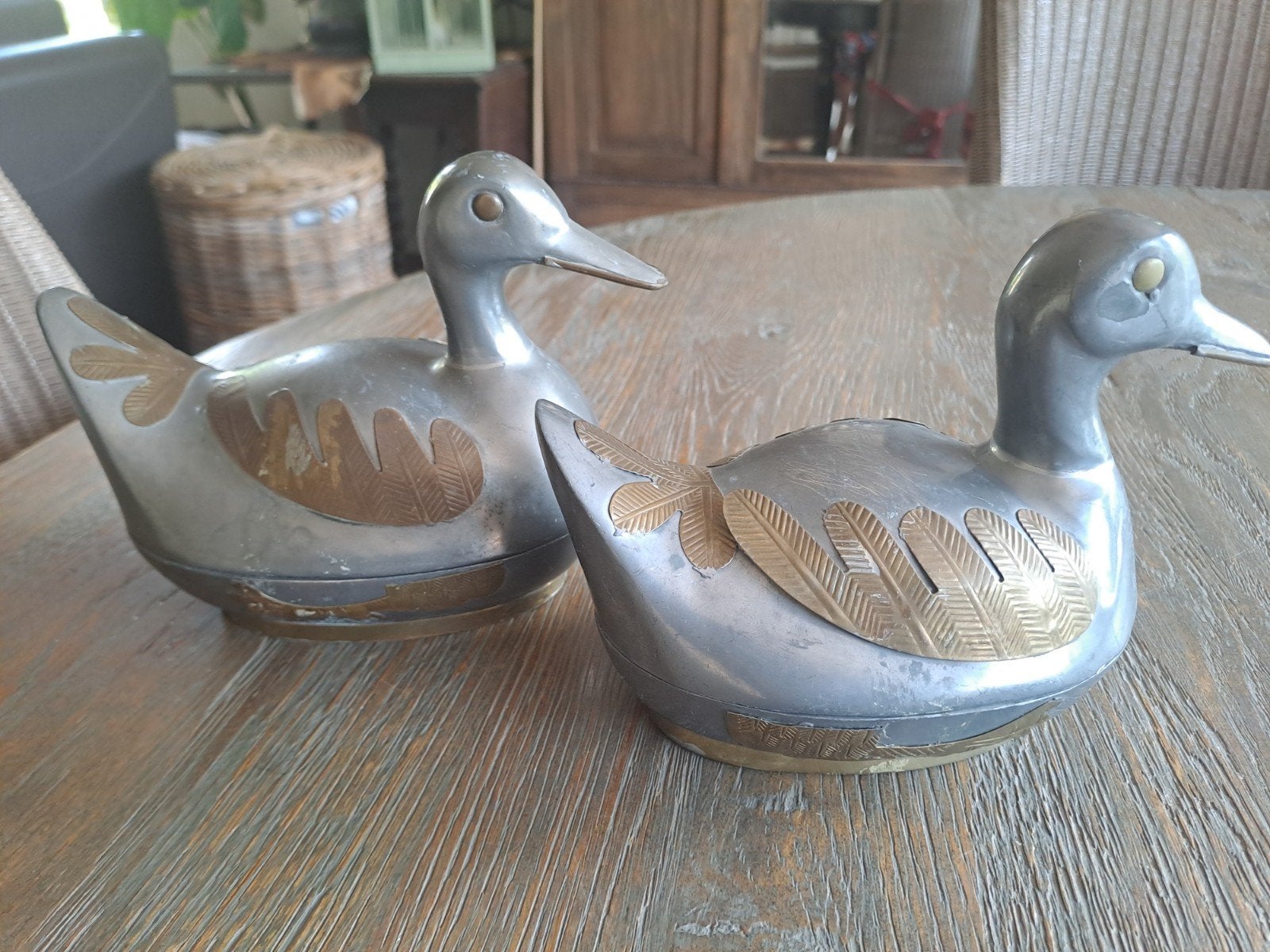 Vintage, decoratieve  eendvormige dozen in tin, Ophalen of Verzenden