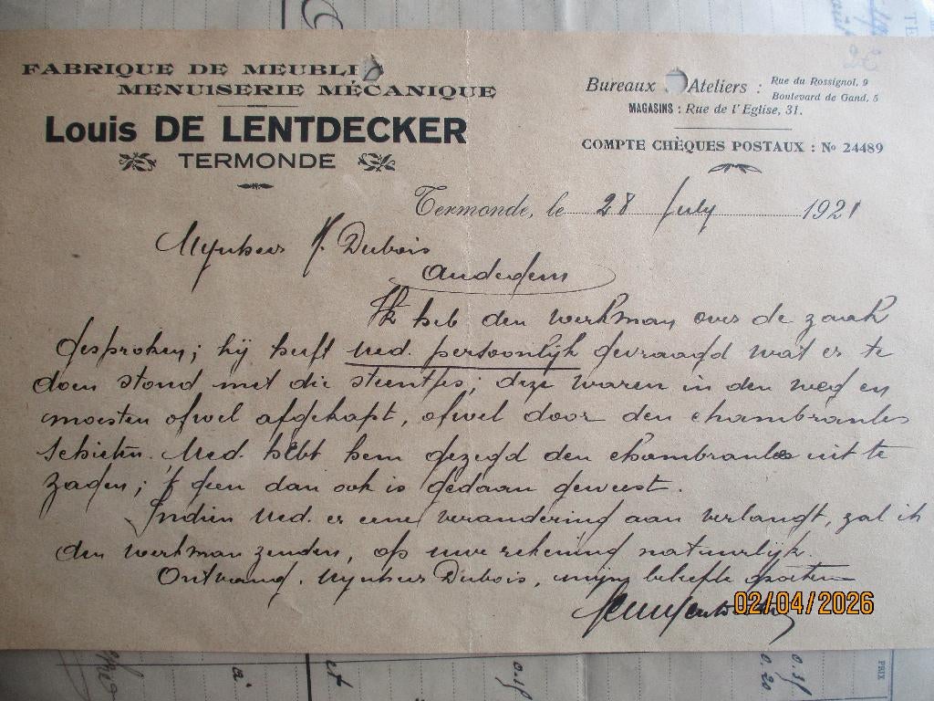 3 docu Louis De Lentdecker Dendermonde meubelmaker 1910, Verzenden, Gebruikt