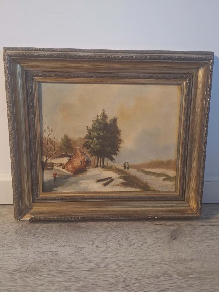 Schilderij Winterlandschap met Huis en Figuren, Ophalen of Verzenden, Handgeschilderd, Landschap