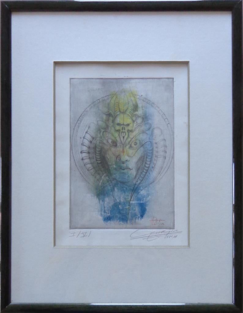 ROGER VAN BELLEGHEM / GEZICHT / ETS-AQUAREL / 41x31cm KADER, Signé, Enlèvement ou Envoi, Eau-forte