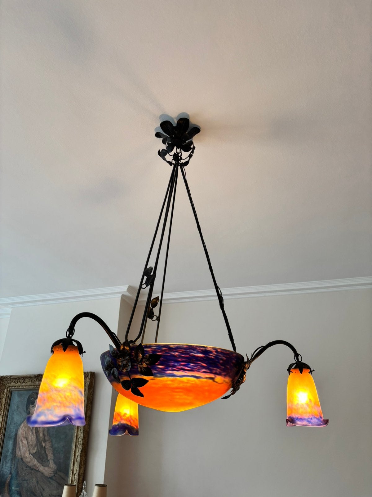 Glaspasta luster in blauw en oranje  Müller Frères, Enlèvement