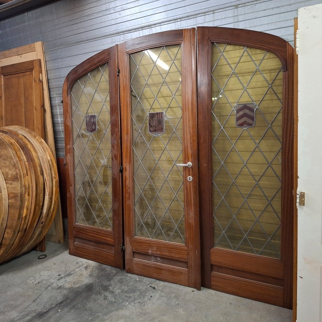 Glas-in-lood deurpartij, 3-delig gebogen, wapenschilden, Ophalen, Gebruikt, 80 tot 100 cm, Binnendeur
