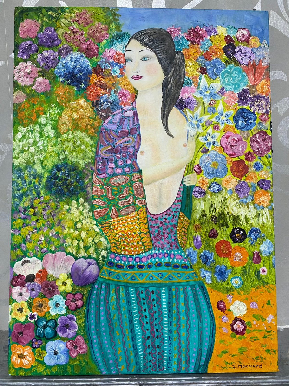 Tableau Peinture Huile/Acrylique - Style Klimt /  J. Mornard, Antiquités & Art, Bois, Peinture acrylique, Signé, Fleurs