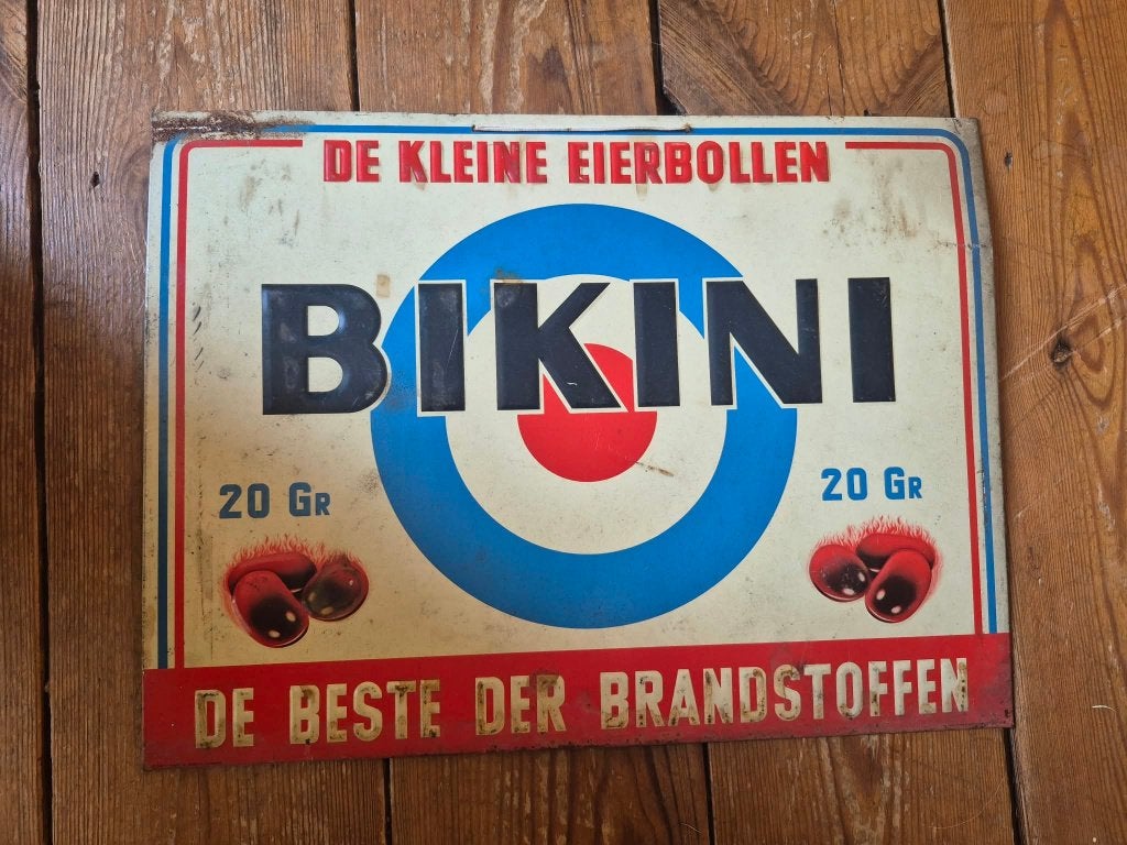 Ancienne plaque publicitaire Bikini de 40 cm sur 30, Collections, Enlèvement, Utilisé