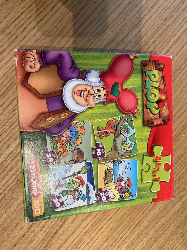 Kabouter Plop – 4 puzzels in 1 doos, Kinderen en Baby's, Ophalen, 10 tot 50 stukjes, Gebruikt, 2 tot 4 jaar