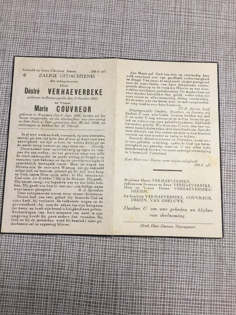 2 oorlogsslachtoffers Verhaeverbeke- Couvreur +1944 St.Joris, Verzenden, Bidprentje