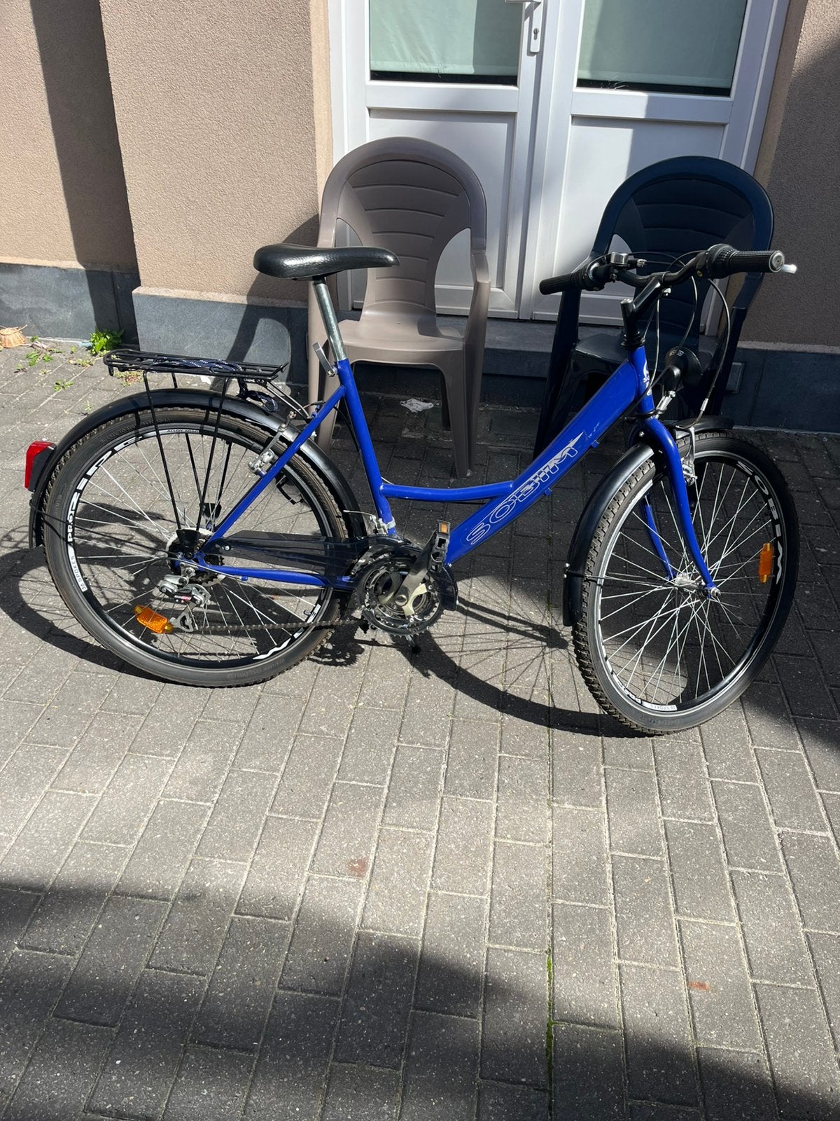 26 inch blauwe stadsfiets, laag frame, dames/gemengd, Fietsen en Brommers, Gebruikt, 26 inch, 10 tot 15 versnellingen, Velgrem