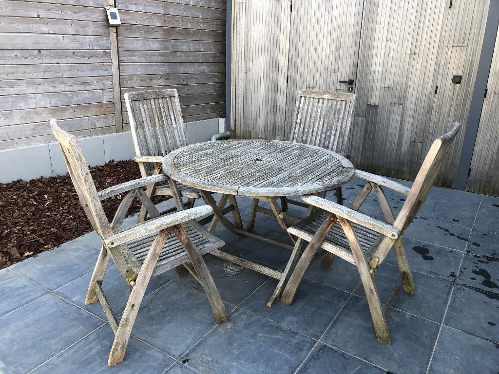 Tuintafel en stoelen, Tuin en Terras, Ophalen, Gebruikt, Rond, Hout
