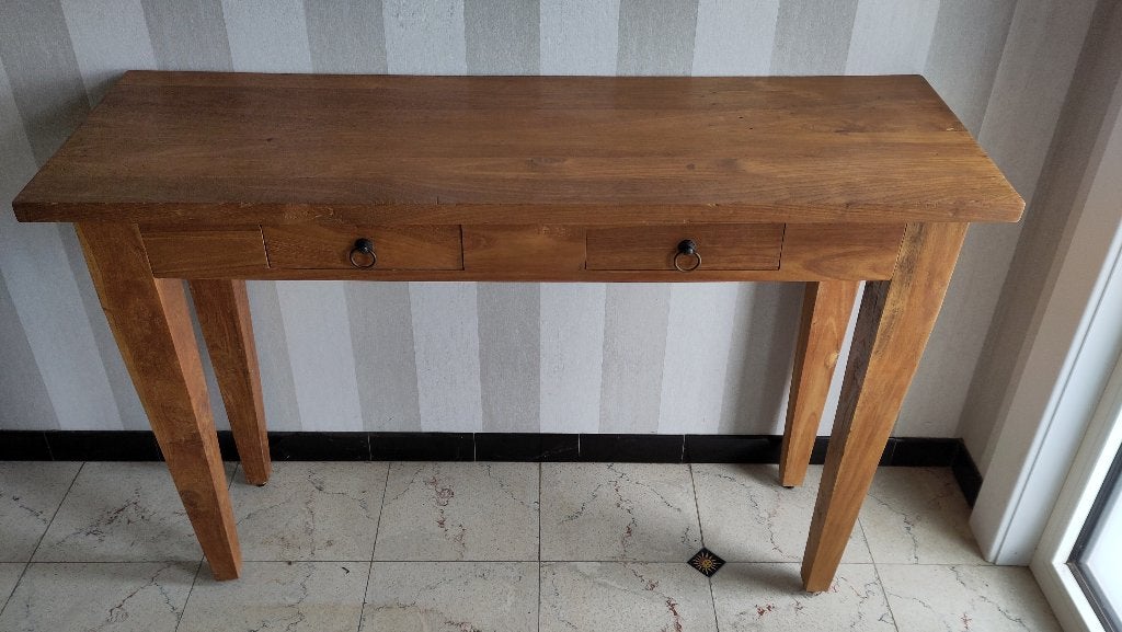 Massief houten wandtafel / sidetable – 120 cm, Ophalen, 100 tot 150 cm, Teakhout, Zo goed als nieuw