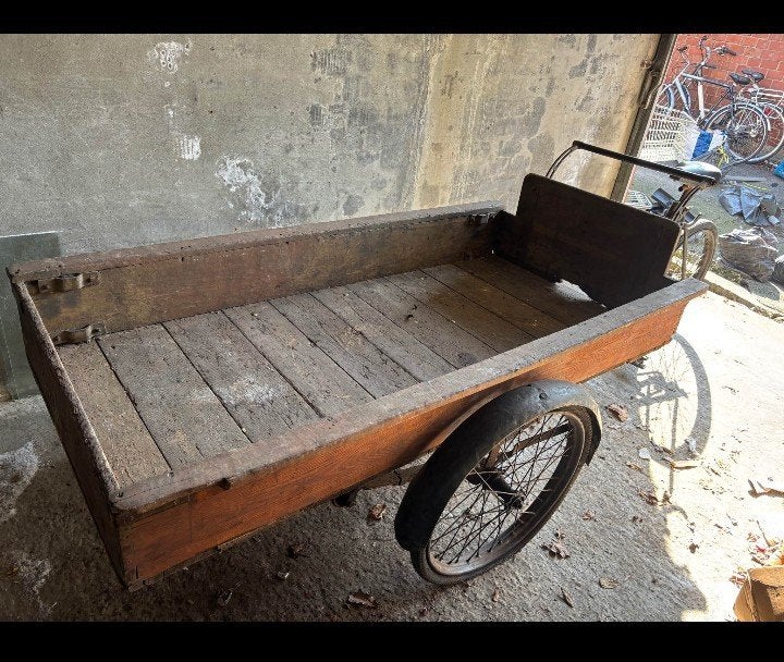 Antieke oude retro cargo mooie originele bakfiets triporteur, Gebruikt, Goederen, Trommelrem, Ophalen