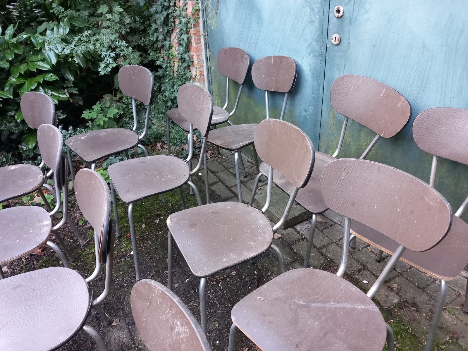 vintage formica stoelen - set 6 stuks, Huis en Inrichting, Ophalen, Gebruikt, Bruin, Mid-century
