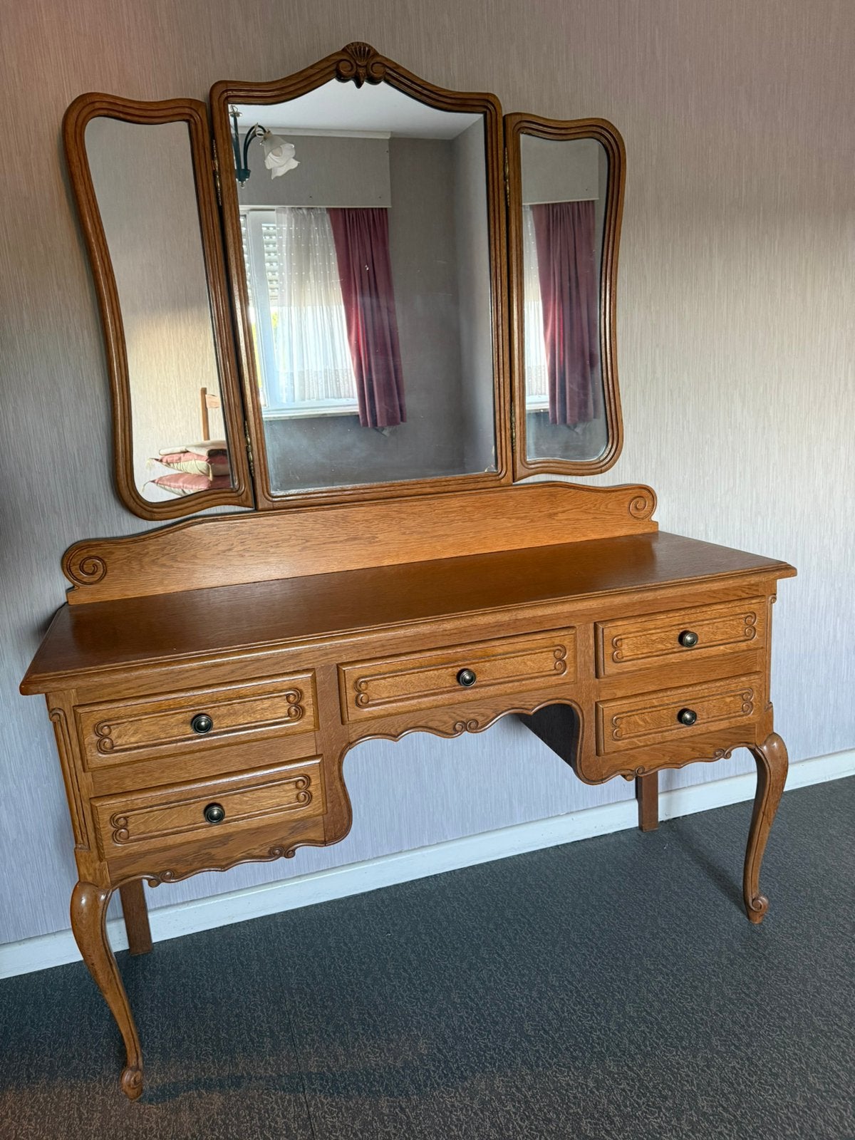 Make-up tafel in eik met spiegels, Huis en Inrichting, Ophalen, 100 tot 150 cm, Rustiek, Zo goed als nieuw