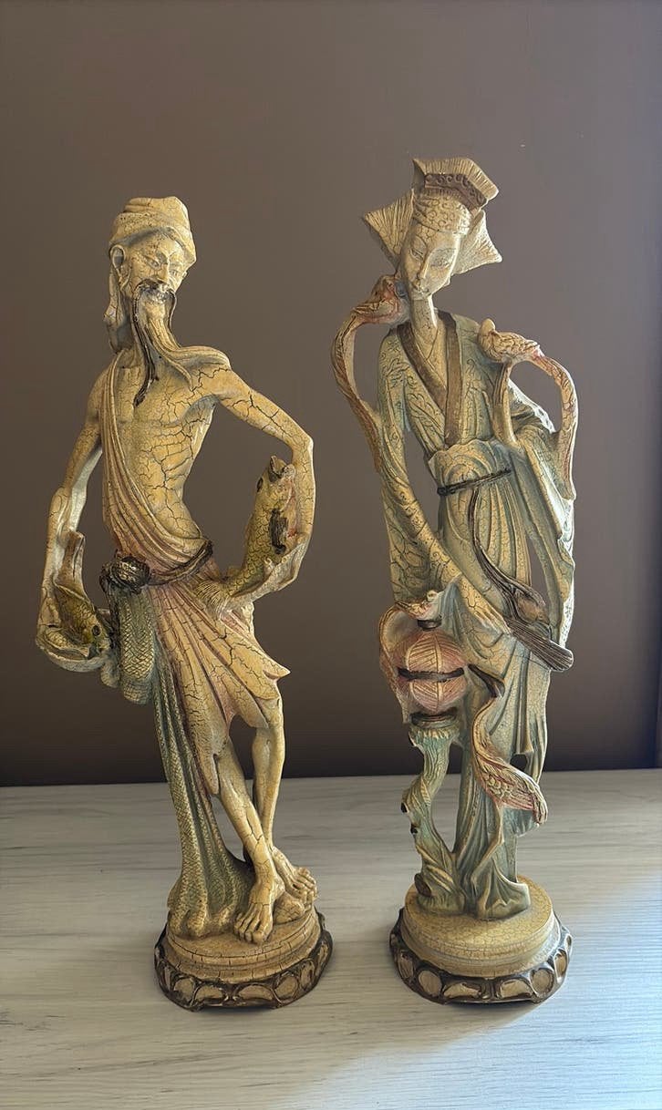 Prachtige Vintage Italiaanse Beelden Geisha & Visser 48,5 cm, Enlèvement ou Envoi, Utilisé, Humain